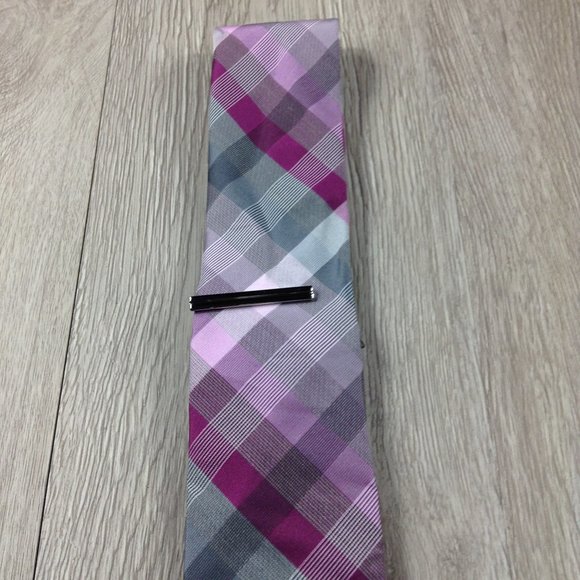 JF J. Ferrar Silver Pink w Clip Narrow Tie - Picture 2 of 3